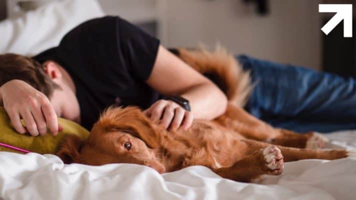 homem dormindo profundamente com seu cachorro ao lado