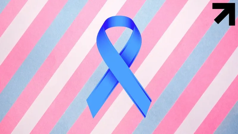 laço do novembro azul em cima da bandeira trans indicando que mulher pode ter câncer de próstata